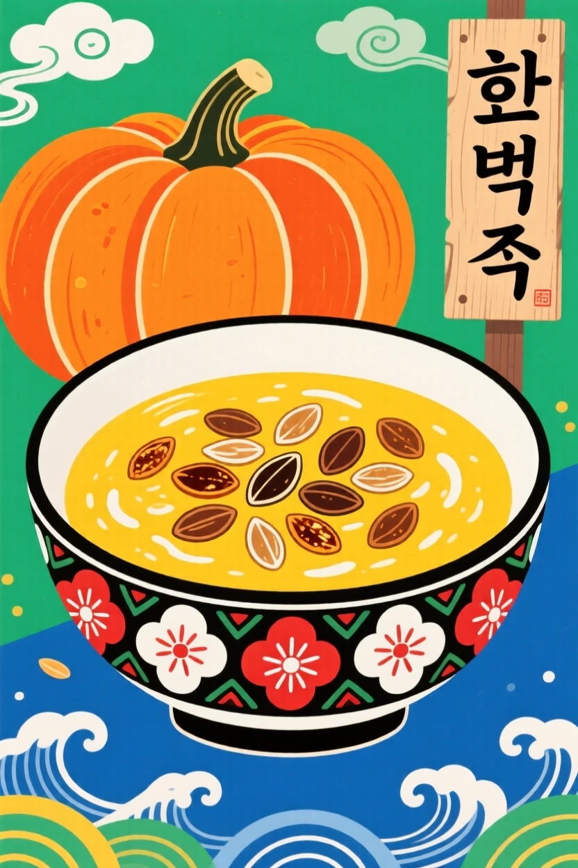 A bowl of pumpkin porridge garnished with roasted seeds.