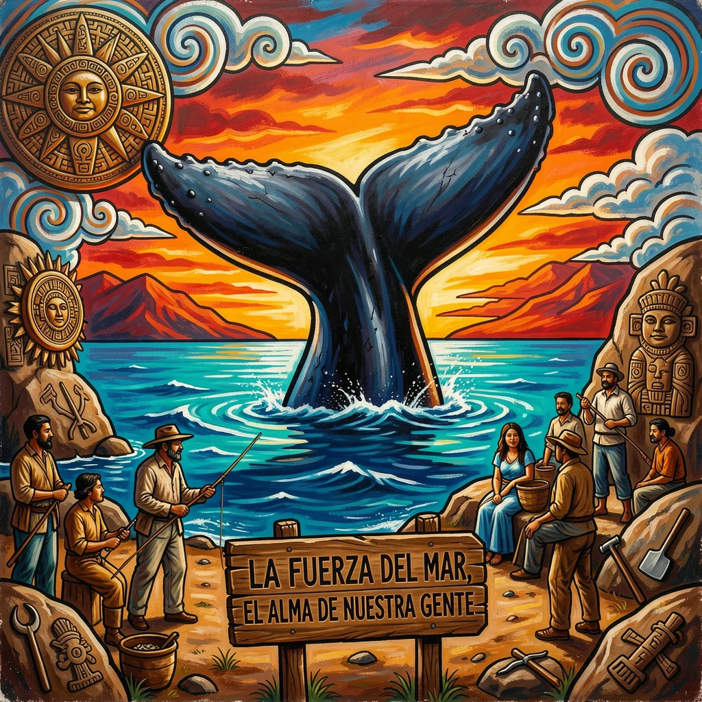 A whale's tail rising above the surface of calm waters