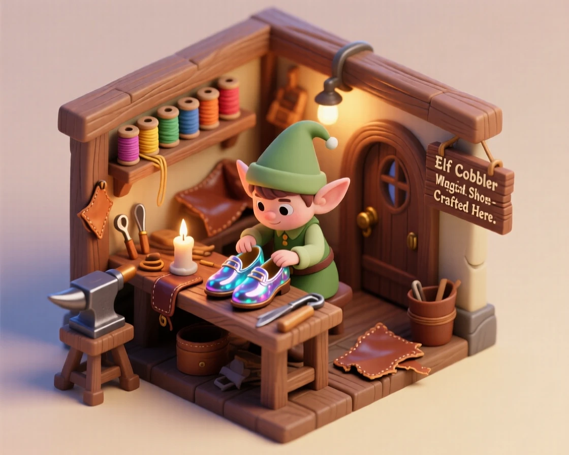 A tiny elf cobbler crafting magical shoes overnight in a workshop lit by a single candle.