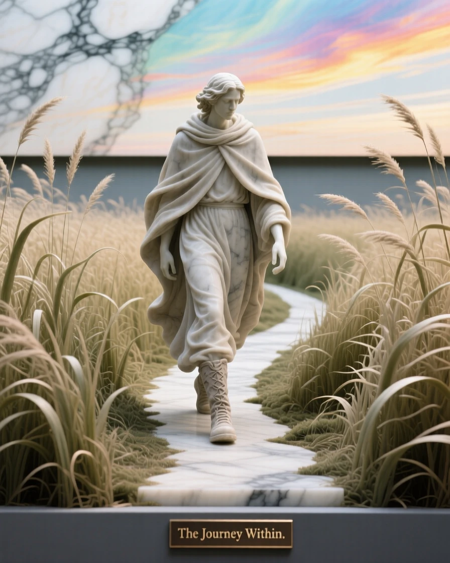 A beautifully composed image of a lone wanderer walking a path through tall grass, under a brilliant, colorful sky, full of atmosphere and visual storytelling