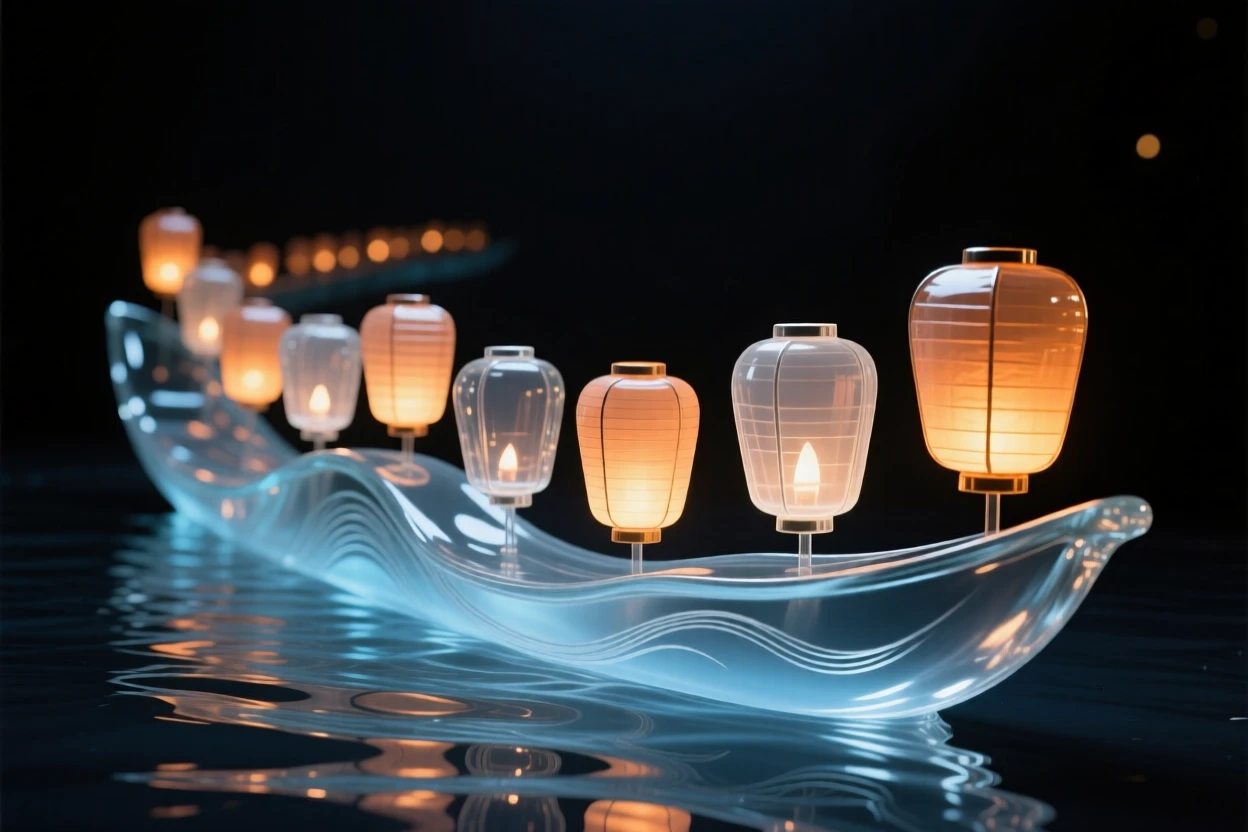 A parade of lanterns floating down a river at night while children's laughter rings out across the yard