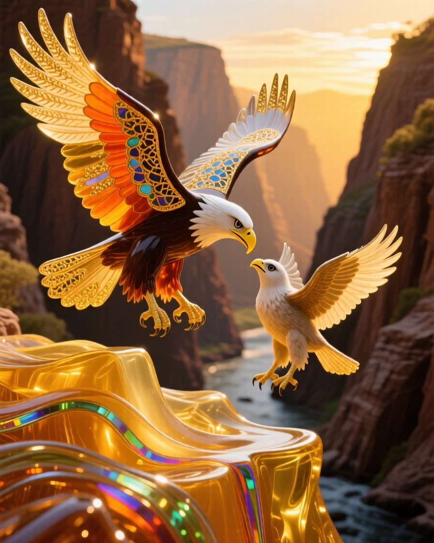 A mother eagle teaching her eaglet to soar above a golden canyon, tender and inspiring.