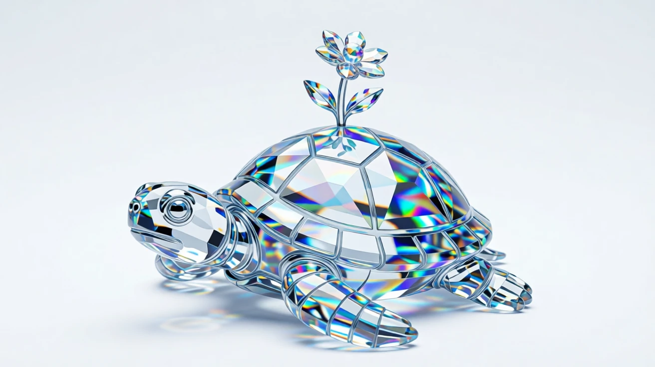 A miniature turtle balancing a tiny flower on its shell.