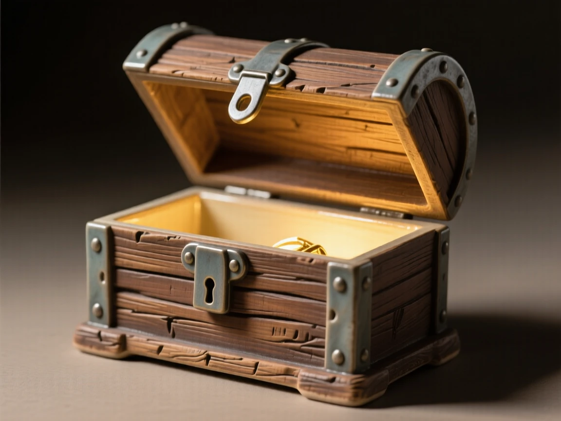 A treasure chest slightly ajar, glowing within caught in a moment of quiet everyday magic, surrounded by soft shadows and warm tones, stirring fond memories of simpler times.