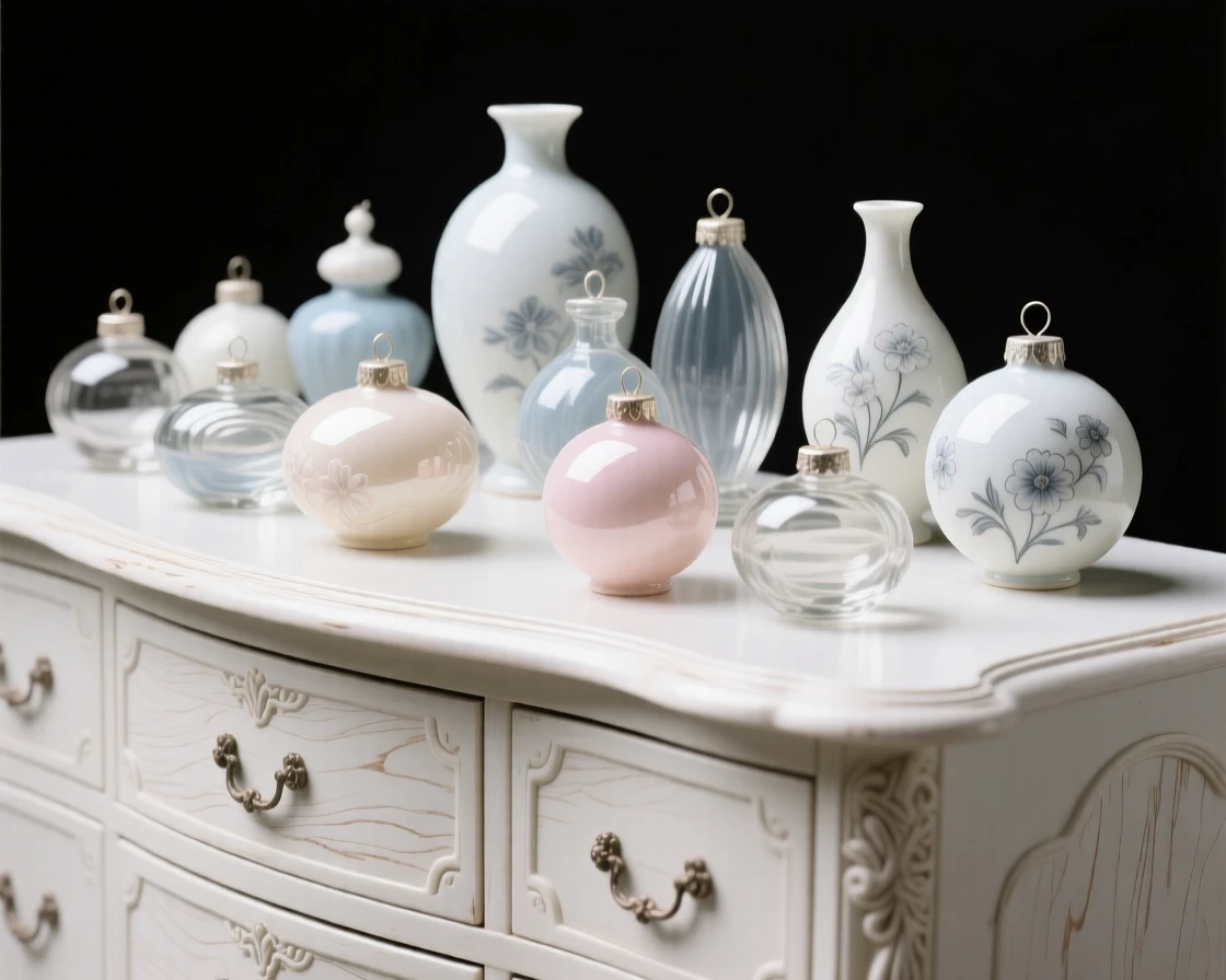 A collection of glass ornaments arranged across an antique dresser, evoking a sense of collected treasure.