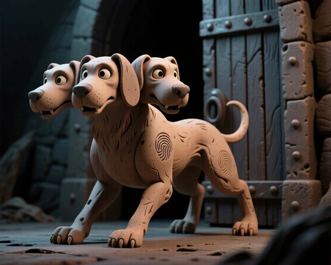 Cerberus guarding the gates of the underworld in shadow
