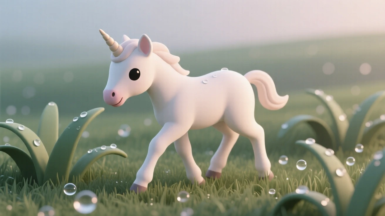 A gentle unicorn foal takes its first wobbly steps across a meadow glowing with morning dew.