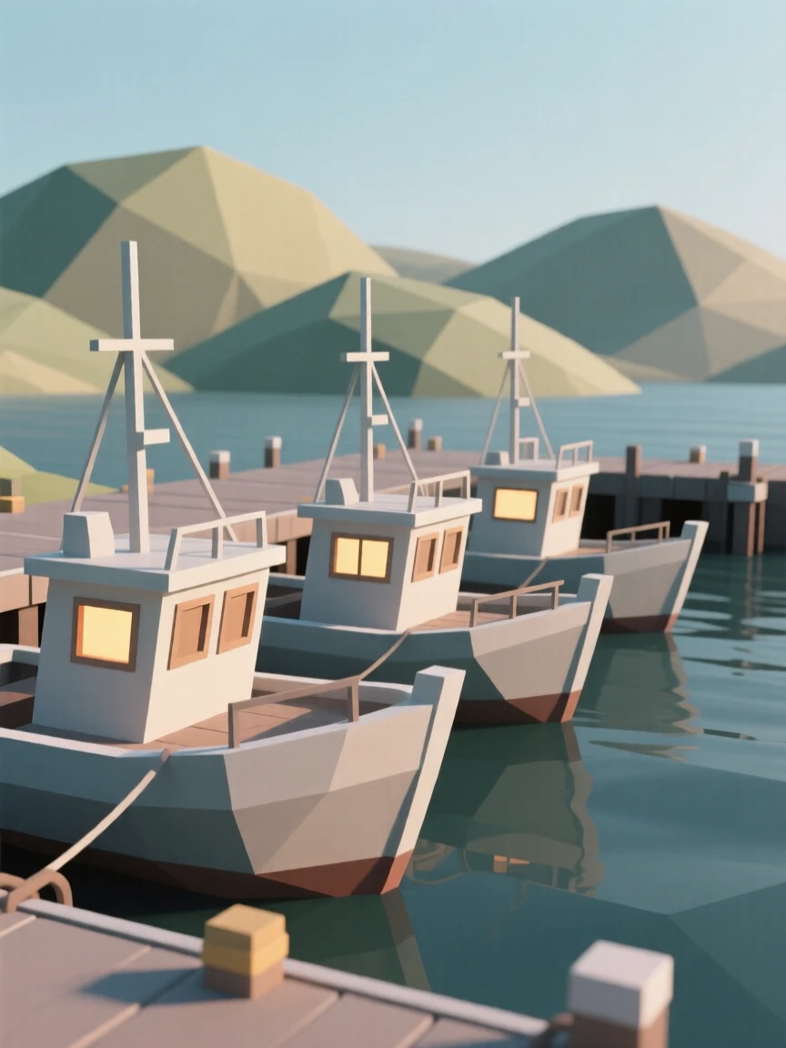 A colorful row of fishing boats docked at a harbor, framed by distant rolling hills. warm window lights add a cozy glow to the scene. A quiet grandeur fills the setting.