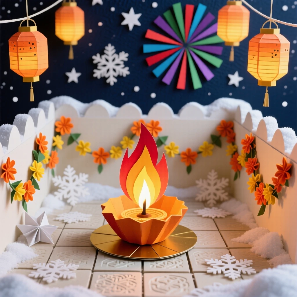 A glowing Diwali courtyard framed by fresh-fallen snow, with fireworks bursting colorfully overhead, evoking festive warmth and joy.