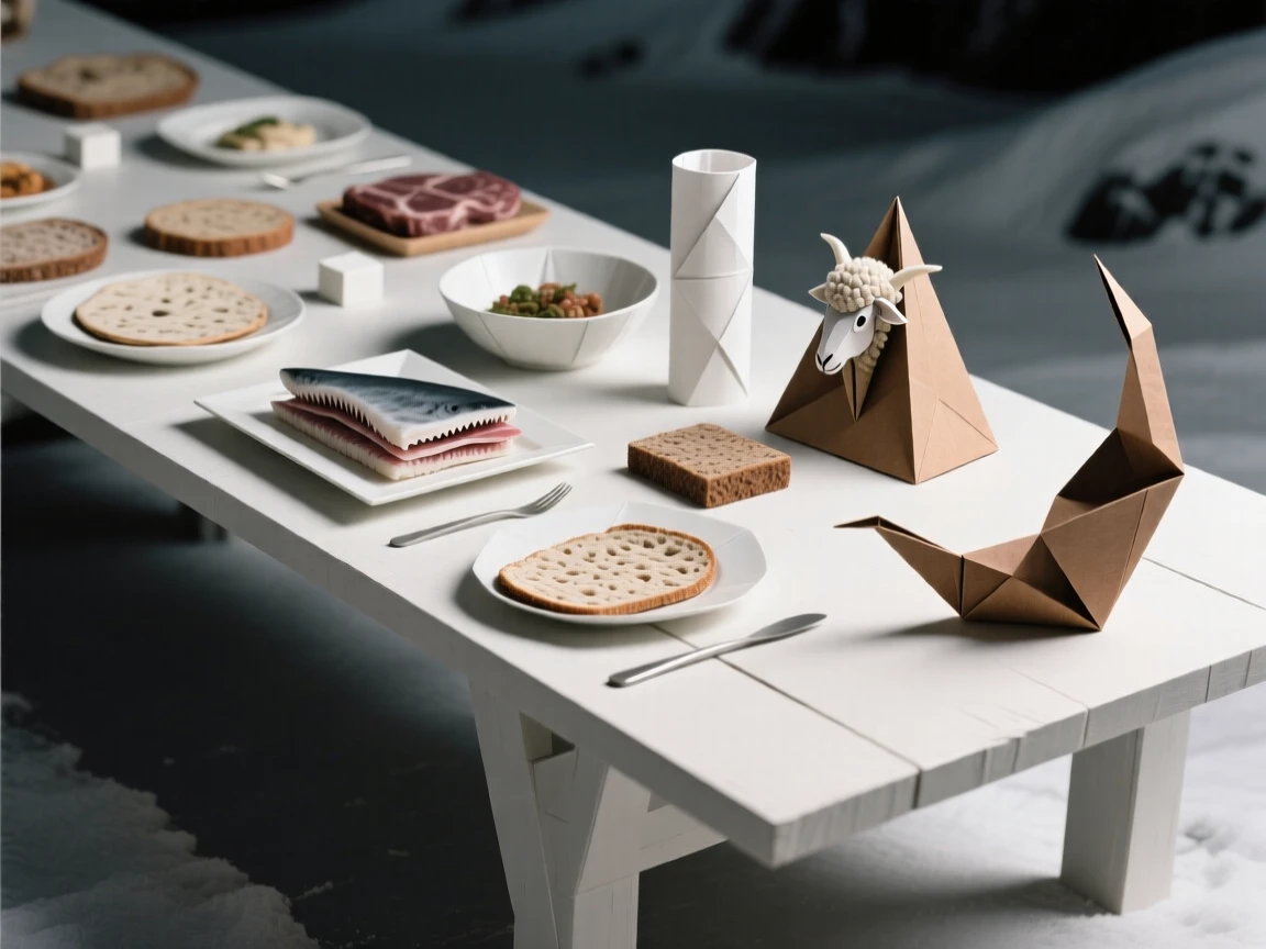 A Icelandic Þorrablót midwinter feast scene set with traditional dishes on a long table.