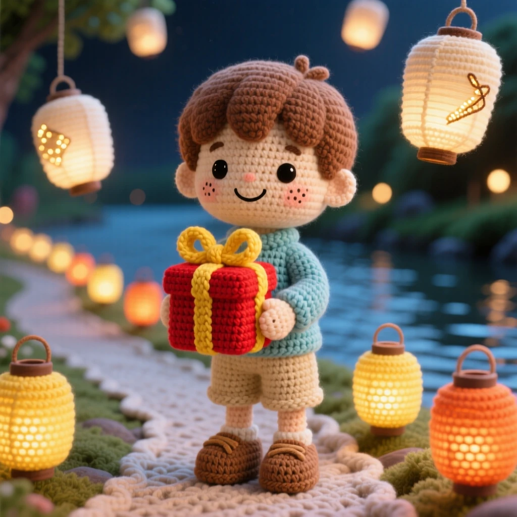 a small boy carrying a small gift box, wrapped for a gift-giving festival, is shown presenting it with a happy smile in a riverside path lit with floating lanterns beside a row of glowing lanterns lining the path, capturing heartfelt togetherness during a special gathering.