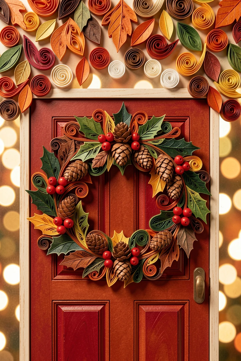 A festive holiday scene of a wreath of holly and pinecones on a red front door beneath a canopy of falling autumn leaves, in warm autumn tones of orange, rust, and brown, captured with festive bokeh lights in the background.