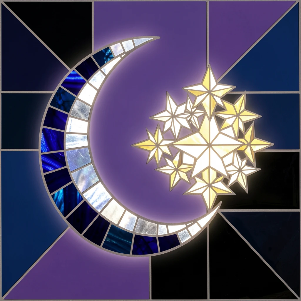 A crescent moon glowing beside a bright cluster of stars, rendered in vivid deep color with luminous detail.