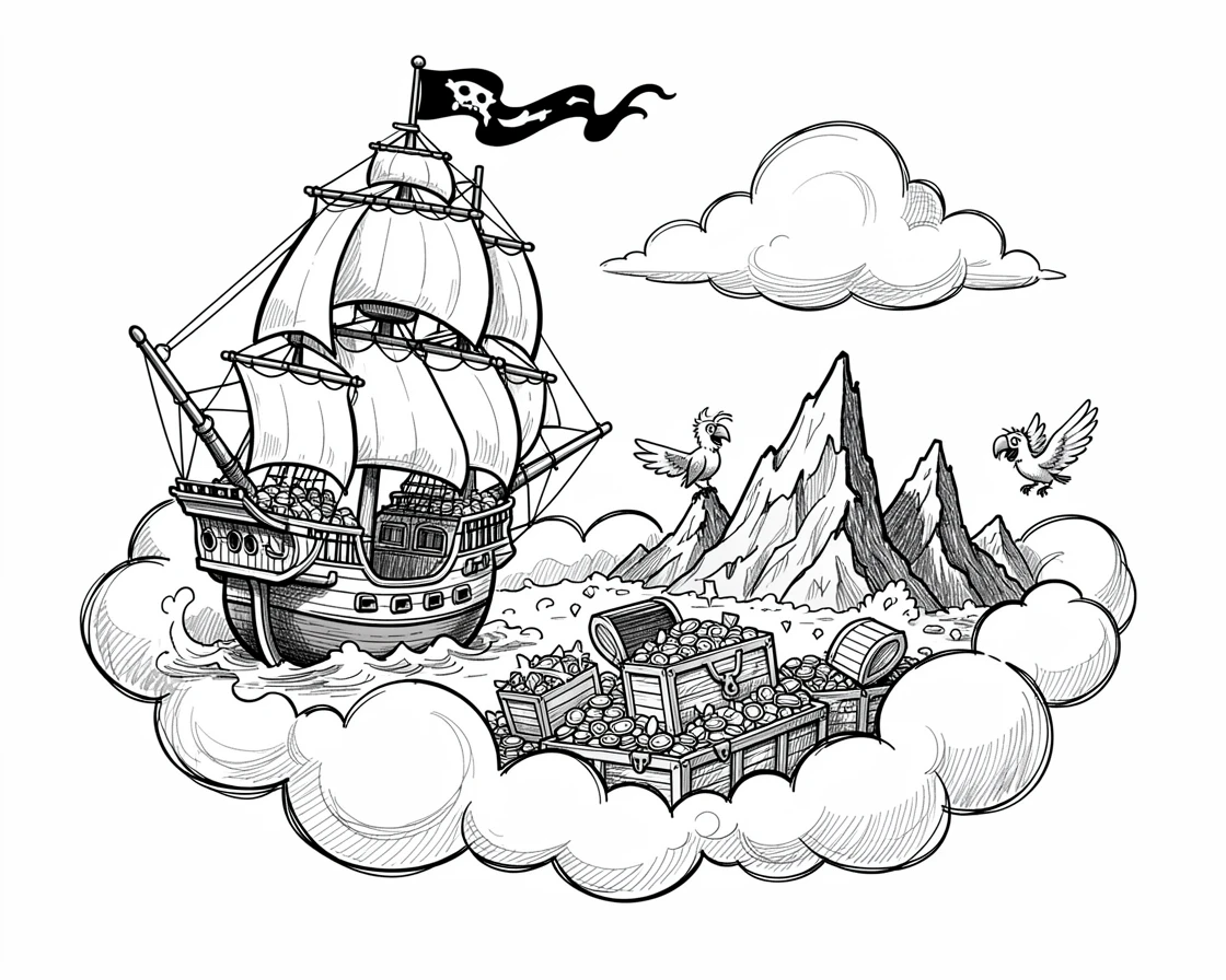 A pirate ship anchored beside a treasure-filled cove among the clouds above a mountain range.