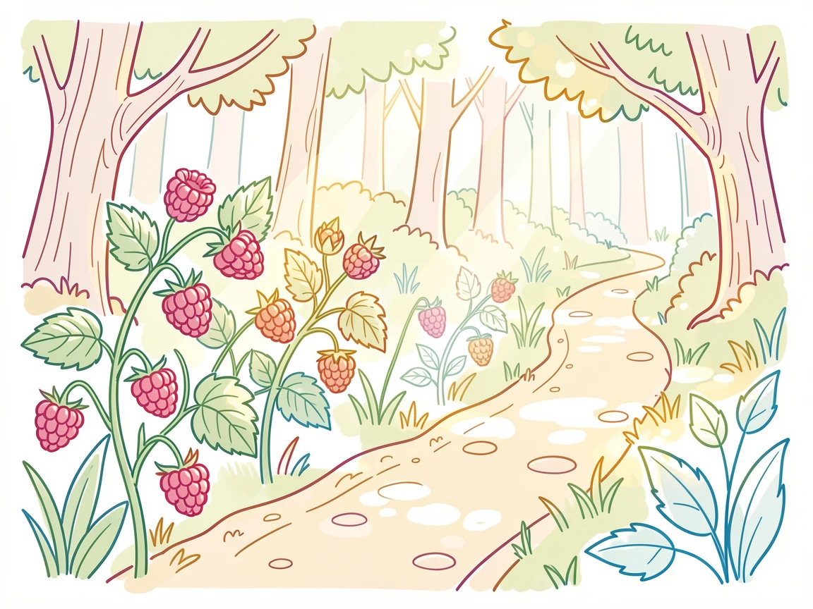 A field of wild raspberries ripening along a sun-dappled forest trail.