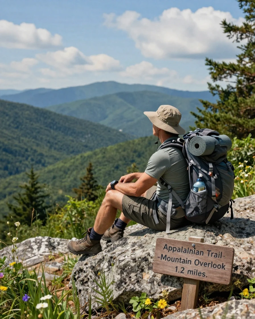 An Appalachian Trail hiker resting at a mountain overlook