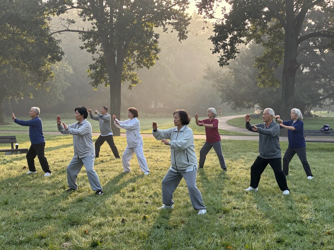 A group of elderly friends practices tai chi together in a misty park at sunrise.