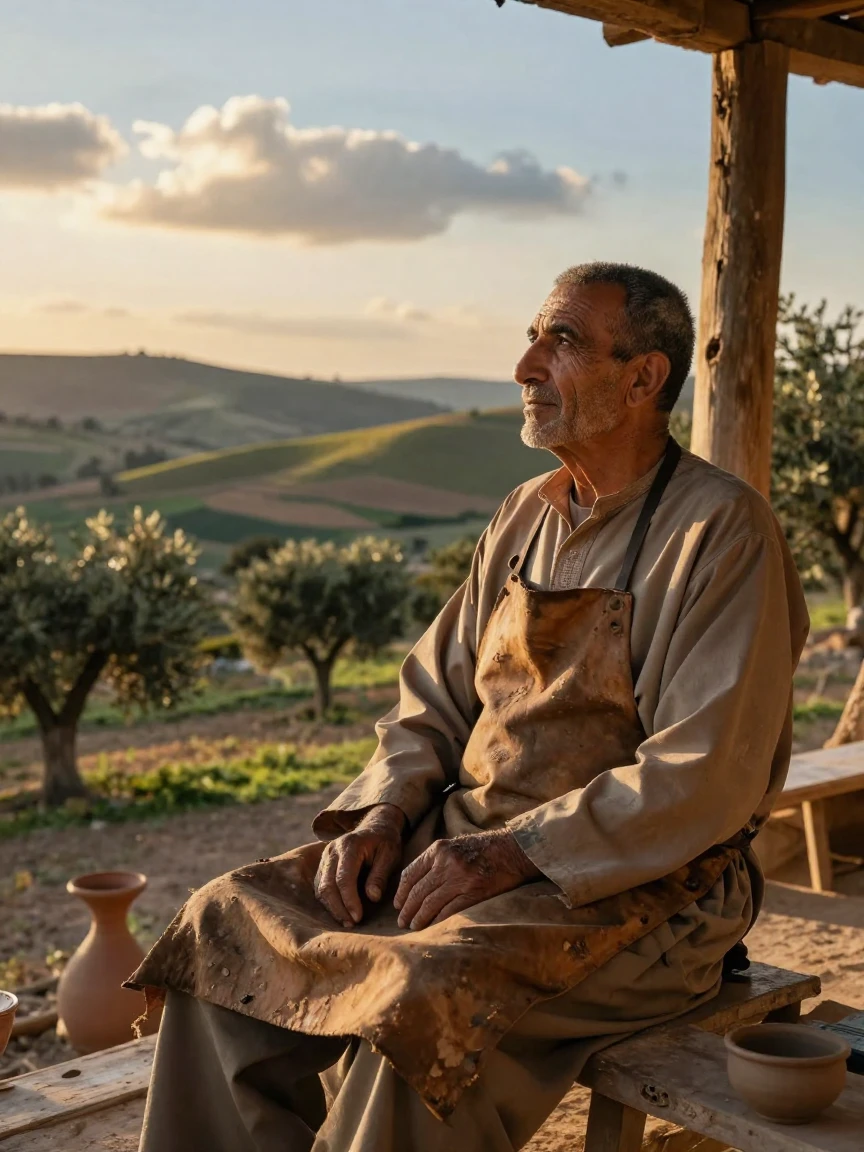 A middle-aged Moroccan potter resting after a long day of work on a wooden porch overlooking rolling hills