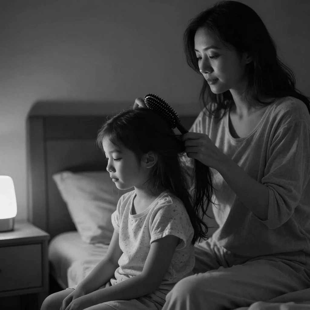 A mother brushes her daughter's hair before bed beside a nightlight glow.