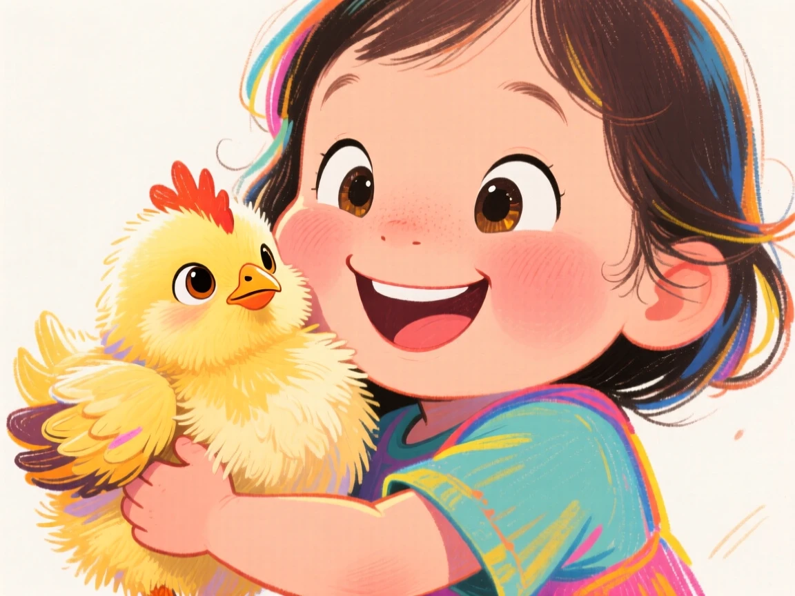 A child cuddling a fluffy baby chick close to her cheek.