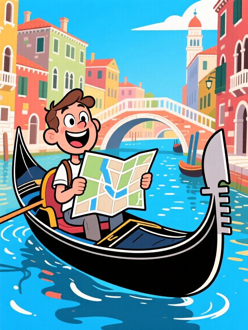An iconic travel scene featuring a delighted tourist riding a gondola through the canals of Venice, with a map slightly askew in hand.