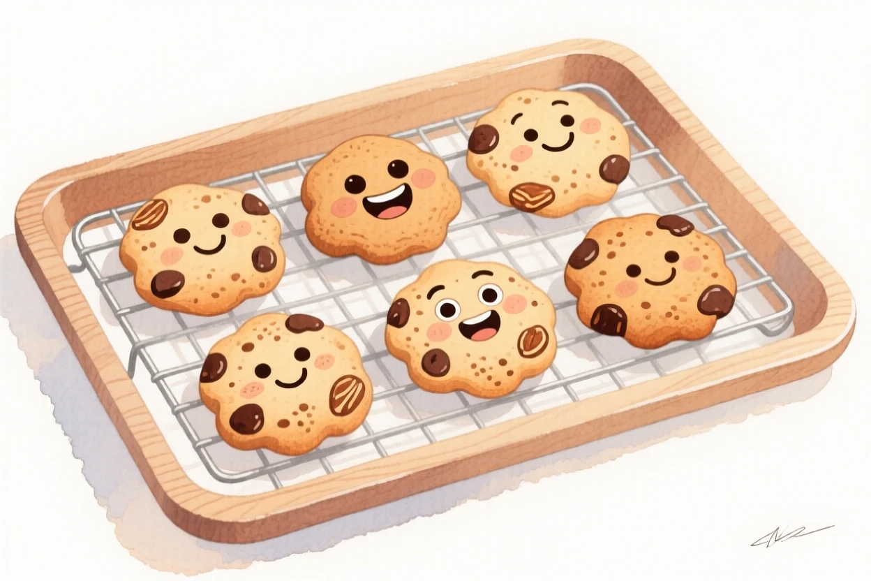 A cozy, appetizing, soft and dreamy scene of a tray of fresh-baked cookies cooling on a wire rack