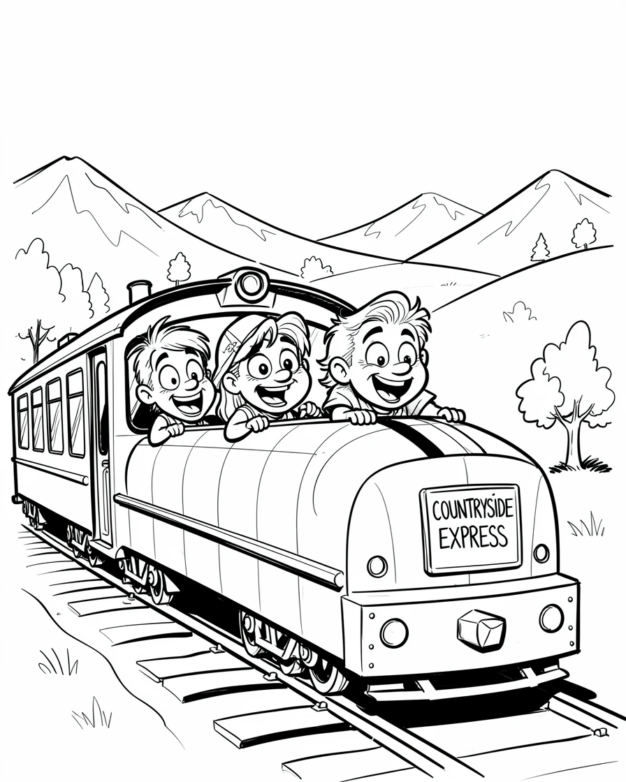 [Travel & Cultural Experiences] Vivid travel scene of an adventurous group of friends riding a local train through the countryside, full of wonder and adventure