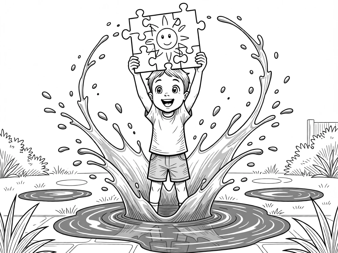 A kid triumphantly holding up a finished puzzle, sending water splashing dramatically in every direction, set in a backyard after a summer rainstorm. Rain puddles reflect a a bright blue sky. It's a burst of pure, unfiltered childhood joy.