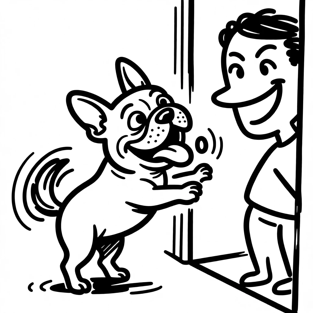 A French bulldog excitedly greeting its owner at the door after a long day, tail a blur.