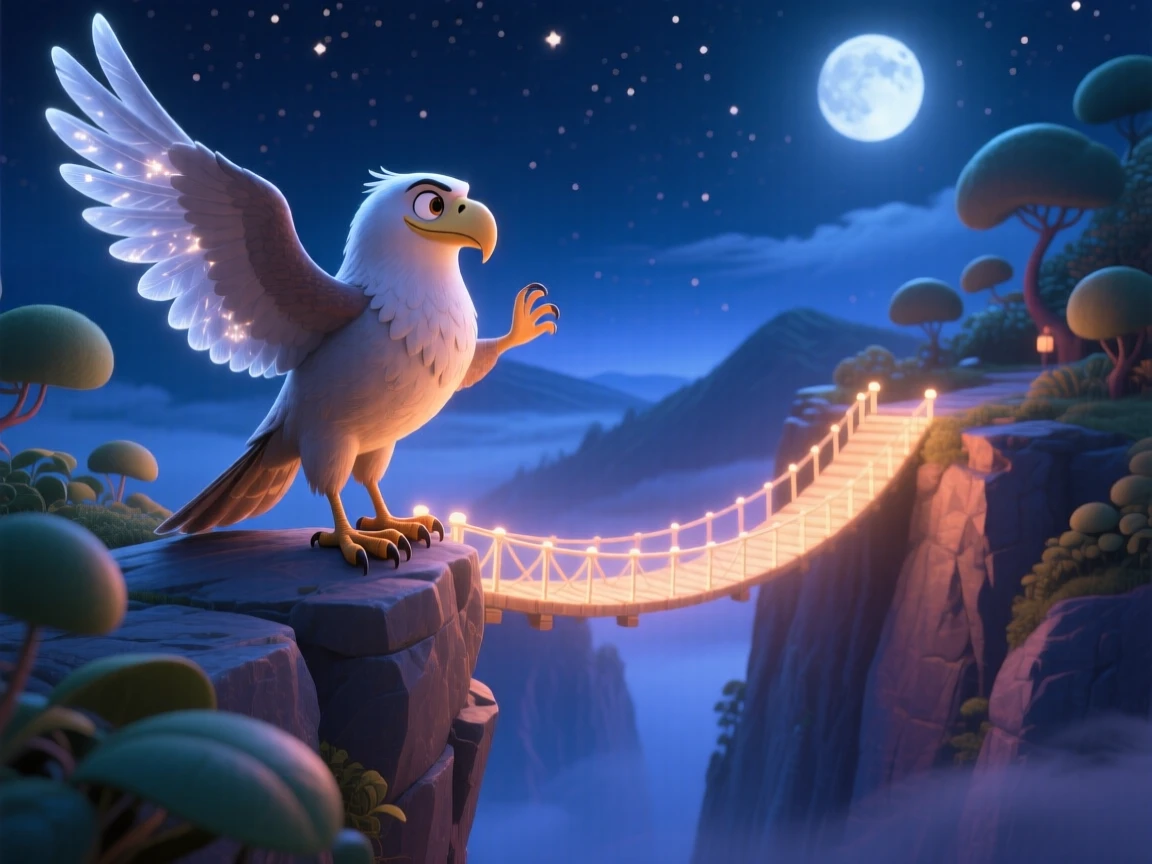 A griffin perched on a cliff stands on a bridge made of glowing moonlight, guiding lost travelers with a soft glow. A quiet magic hums softly throughout the scene, with delicate wings catching the moonlight.
