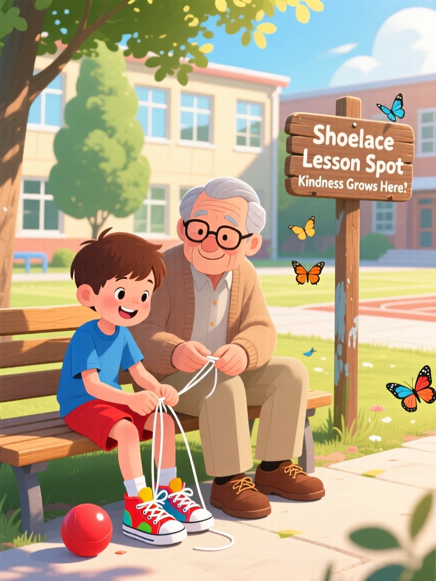 In a sunny schoolyard, a boy and his grandfather bond over teaching each other to tie their shoelaces, as a small act of kindness brings a big smile.