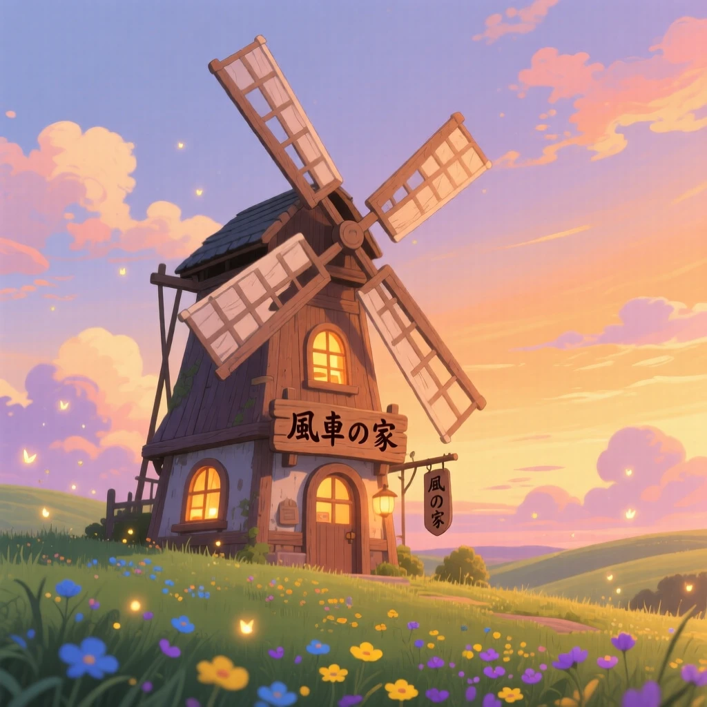 A charming view of a windmill standing alone against a wide open sky, with warm light glowing from every window.