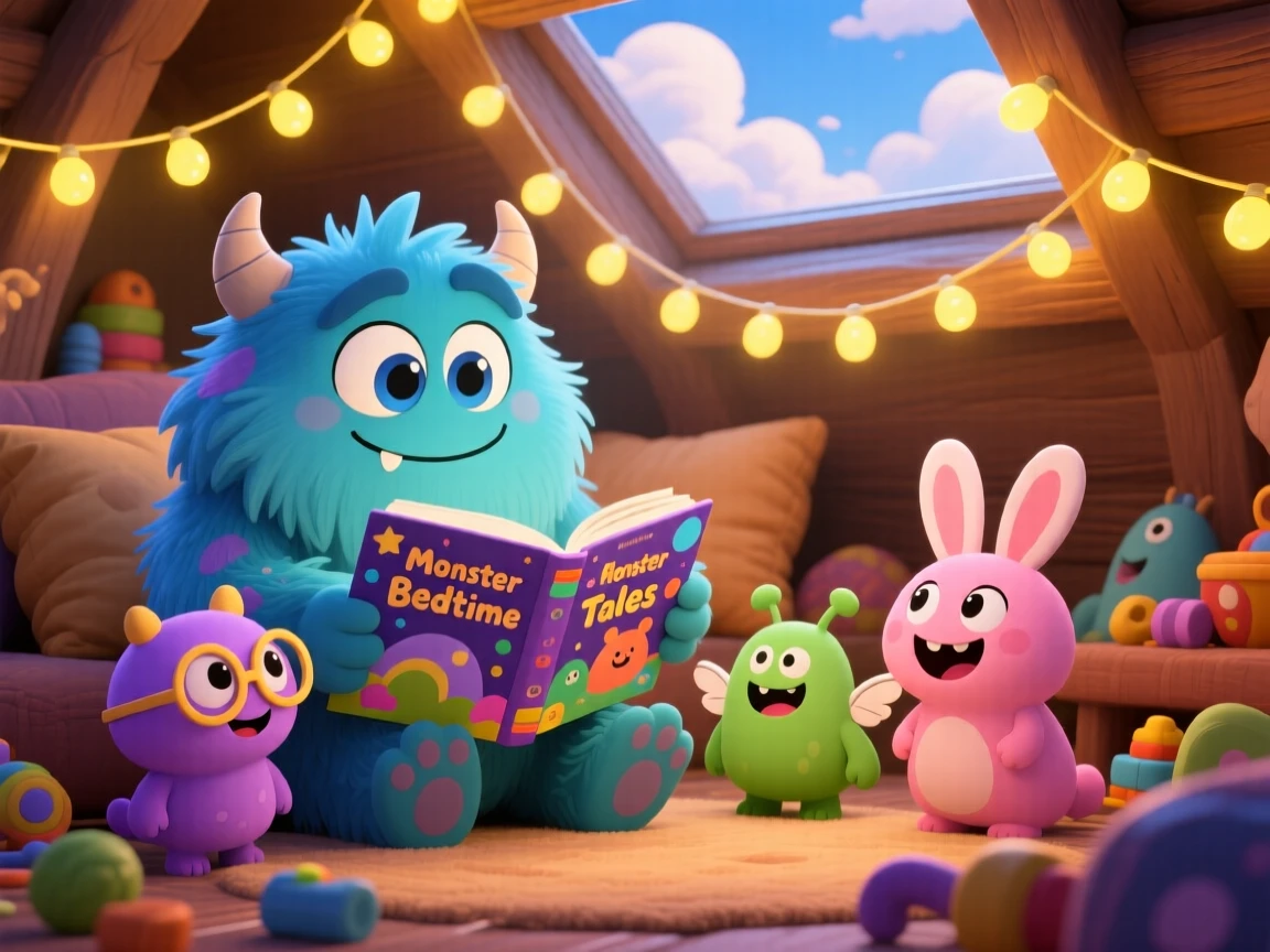 Close-up portrait: a fluffy blue monster, reading a bedtime story to smaller monsters, set against a cozy monster den beneath fluffy drifting clouds, with warm fairy-light glow and a mood of giggling amusement.