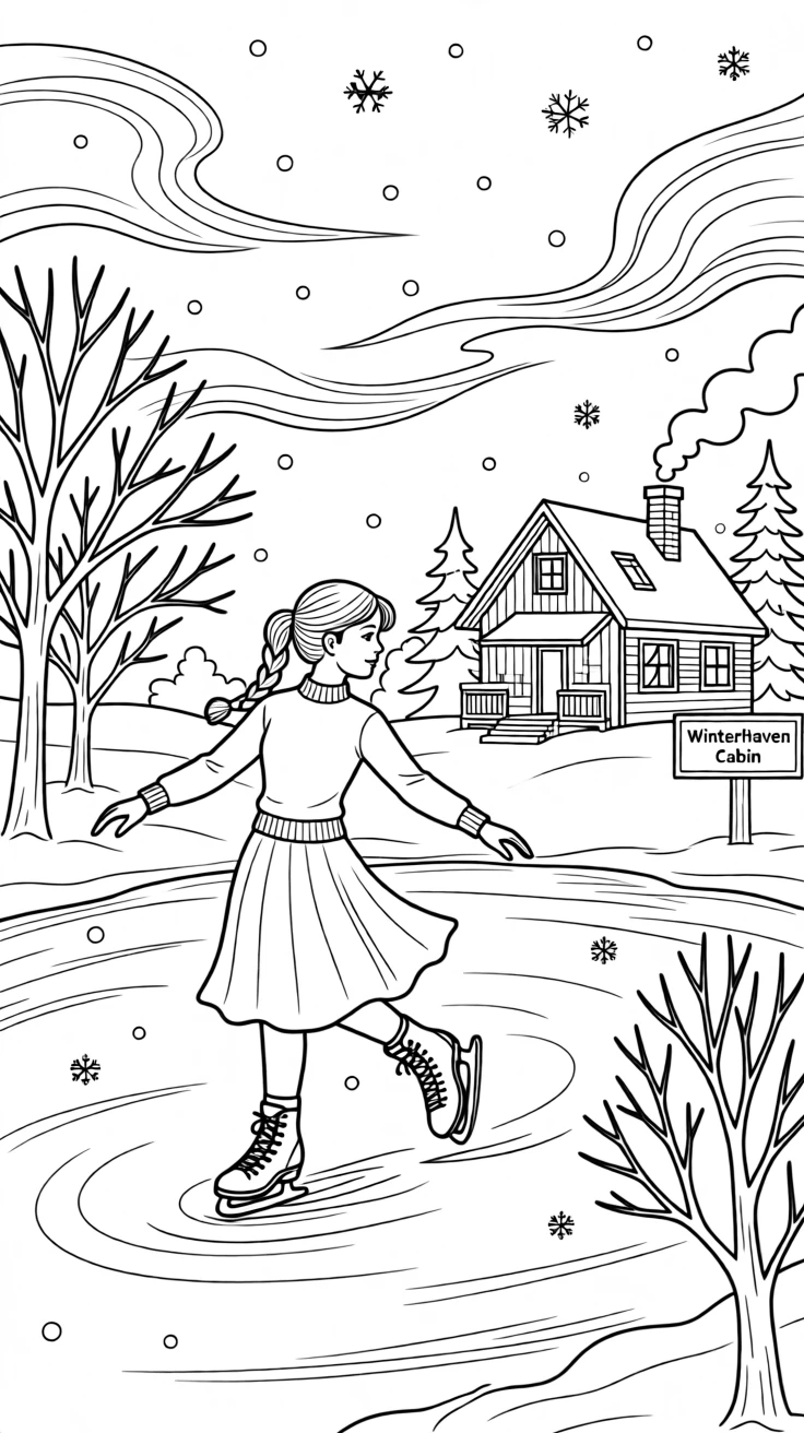 An ice skater gliding across a frozen pond, a snowstorm swirling around a lone cabin in the woods.