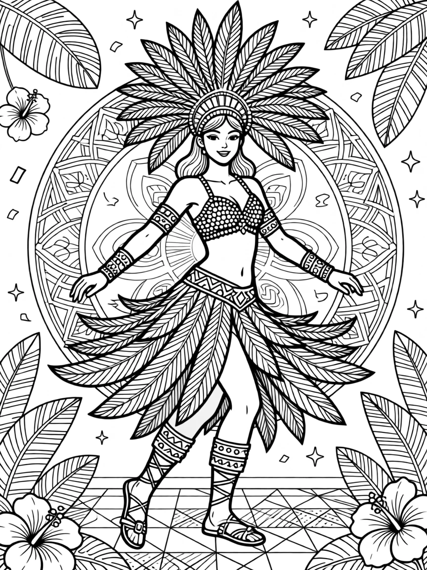 A samba dancer in a feathered carnival costume.