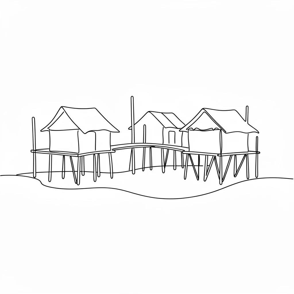 A traditional stilted village built above a calm coastal lagoon