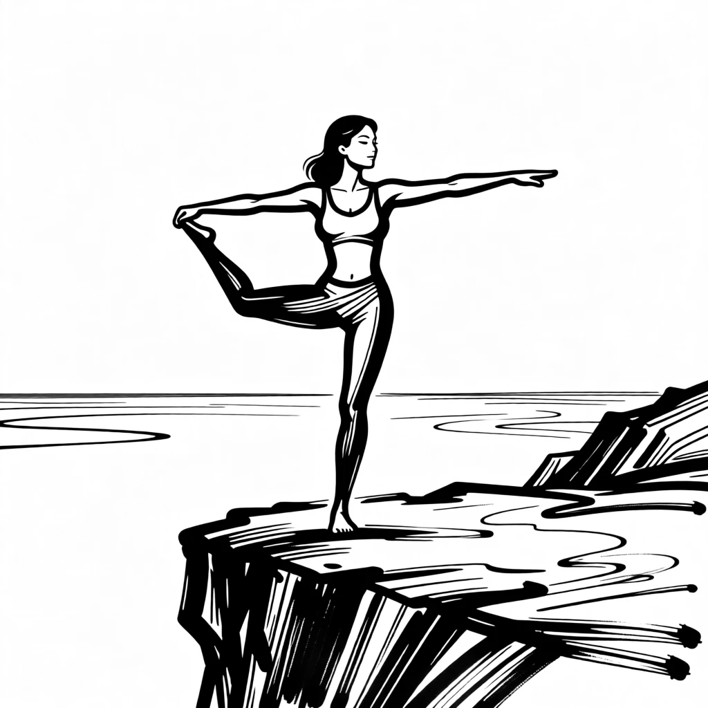 A yoga practitioner holding a balanced pose on a cliffside overlook.