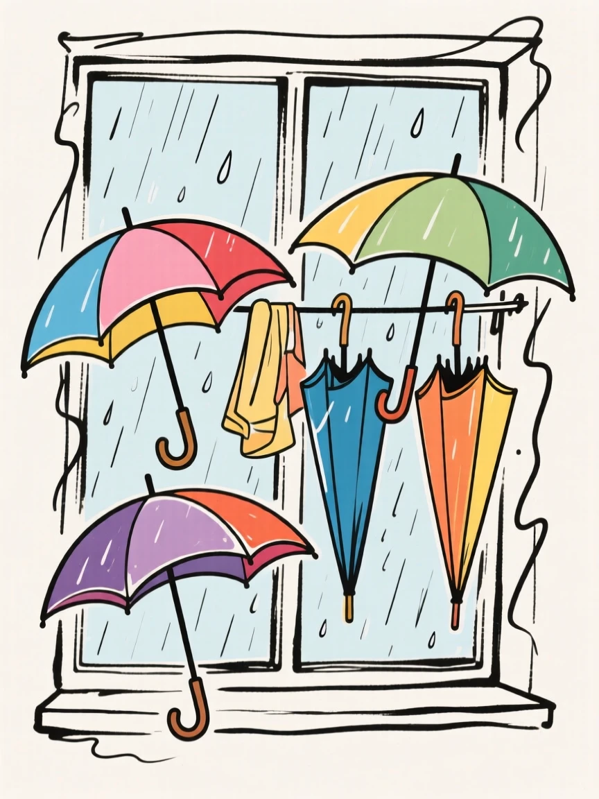 A collection of colorful umbrellas drying beside a rainy window.