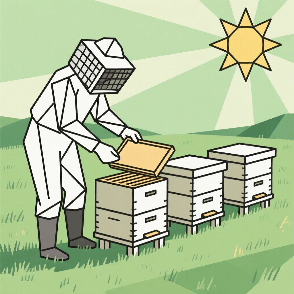 A beekeeper tending to hives in a sunny meadow
