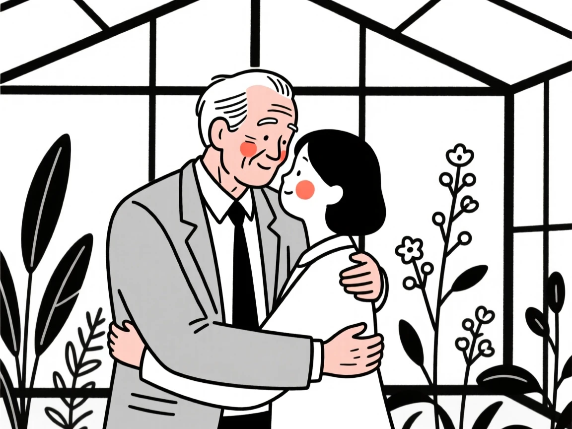 An elderly man in a tailored business suit, sharing a tender embrace, in a botanical garden greenhouse.
