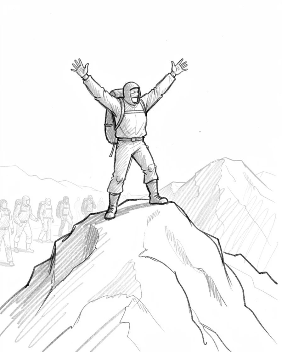 An energetic scene of a hiker reaching a mountain summit atop a snowy mountain peak, with the crowd blurred in the background.