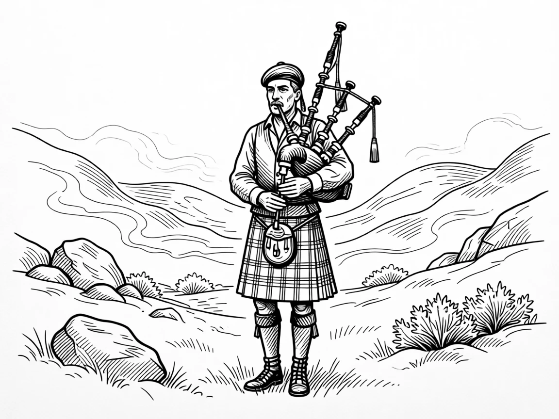 A traditional bagpipe performance echoing across a misty Scottish glen.