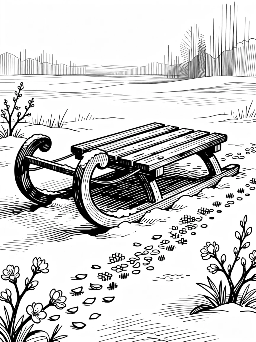 A sleigh resting in freshly fallen snow as the first blossoms of spring begin to open, with a trail of fallen petals scattered on the ground, capturing a wonderfully inviting seasonal moment.