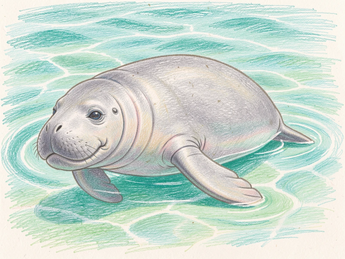A gentle manatee gliding through clear turquoise shallows, with delicate details that reward a closer look, designed to feel inviting, memorable, and shareable.