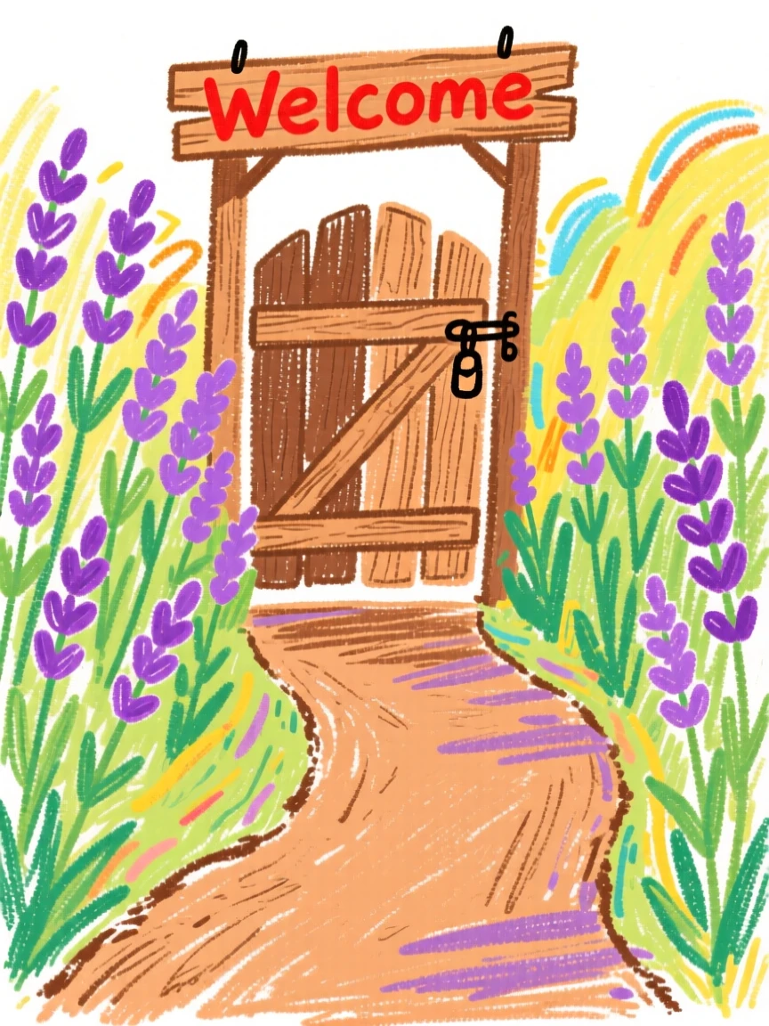 A garden path lined with lavender leading to a wooden gate.