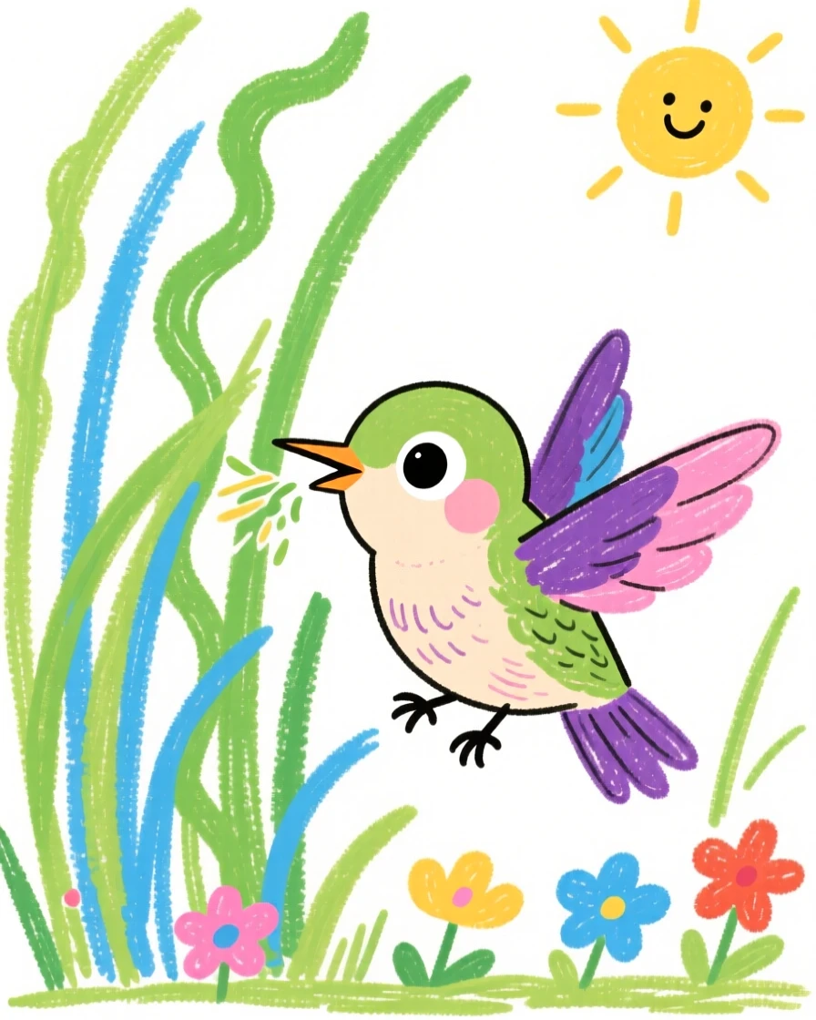 A tiny hummingbird chick exploring tall grass for the first time.