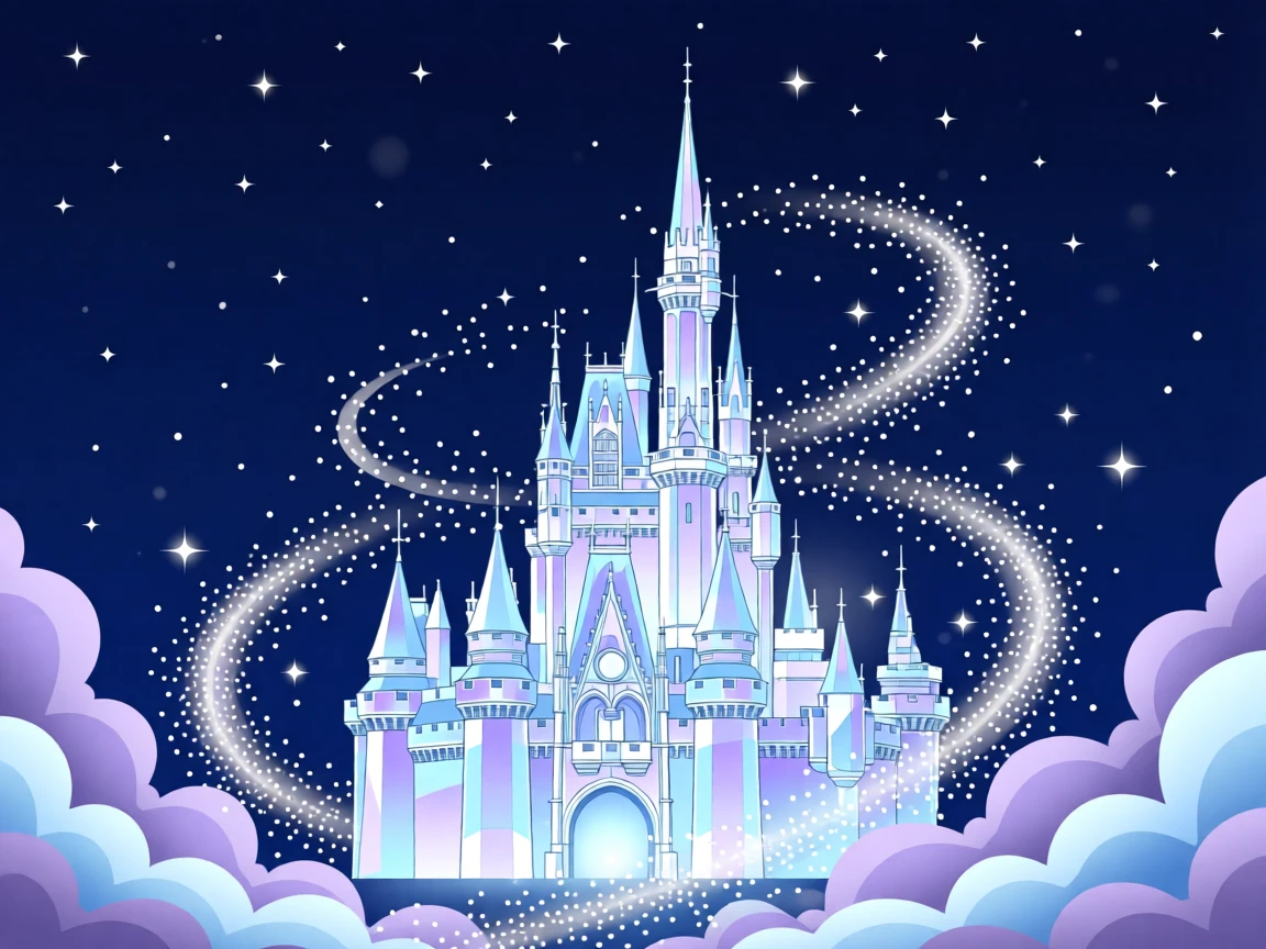 A castle built entirely of crystal glowing under a starry sky, surrounded by swirling clouds of shimmering stardust, composed with a dreamlike, ethereal atmosphere, with subtle magical particles drifting through the air.
