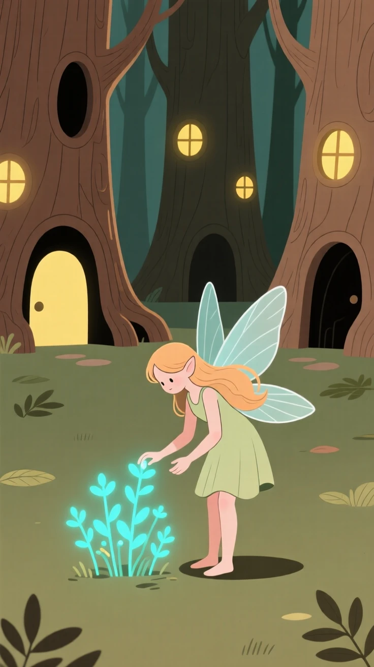 A forest fairy gathering glowing herbs near a hollow tree village.