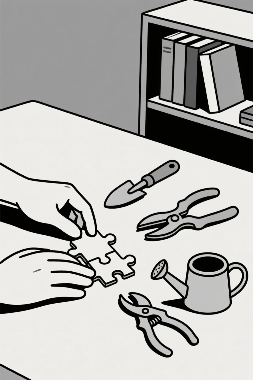 A close view of hands assembling a jigsaw puzzle near gardening tools in a small home library, full of mindful patience.