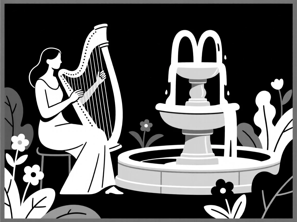 A harpist playing beside a garden fountain.